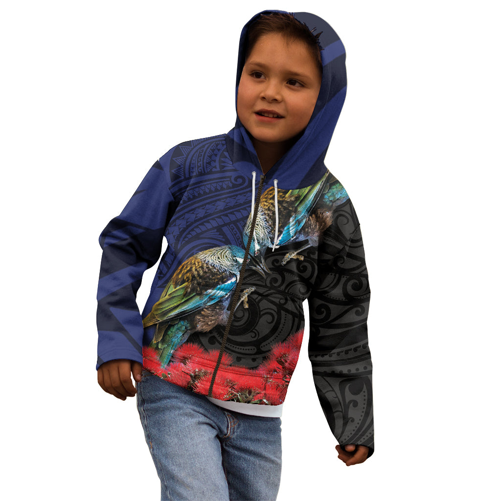 New Zealand Maori Hongi Culture Kid Hoodie Tui Bird Pohutukawa and Polynesian Pattern LT03 - Polynesian Pride