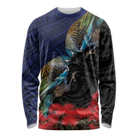 New Zealand Maori Hongi Culture Long Sleeve Shirt Tui Bird Pohutukawa and Polynesian Pattern LT03 Unisex Blue - Polynesian Pride