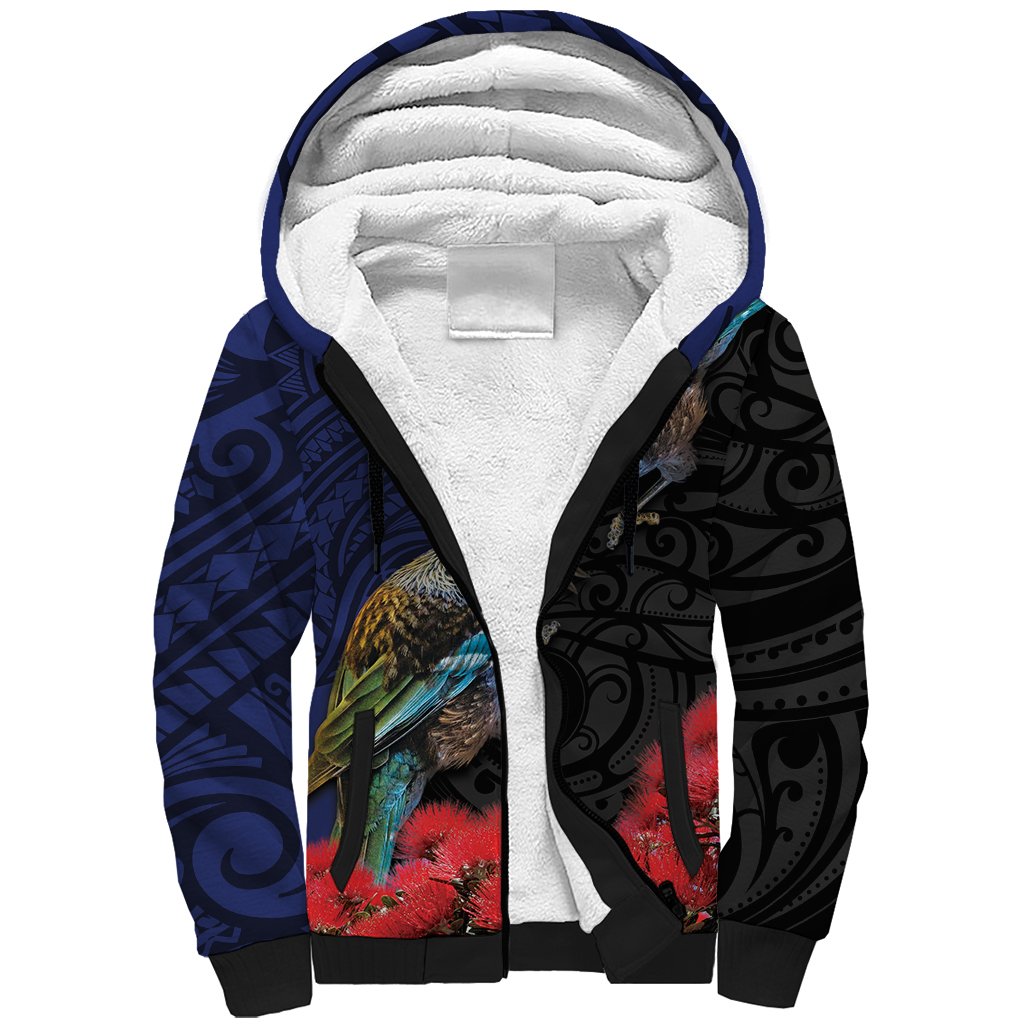 New Zealand Maori Hongi Culture Sherpa Hoodie Tui Bird Pohutukawa and Polynesian Pattern LT03 Unisex Blue - Polynesian Pride