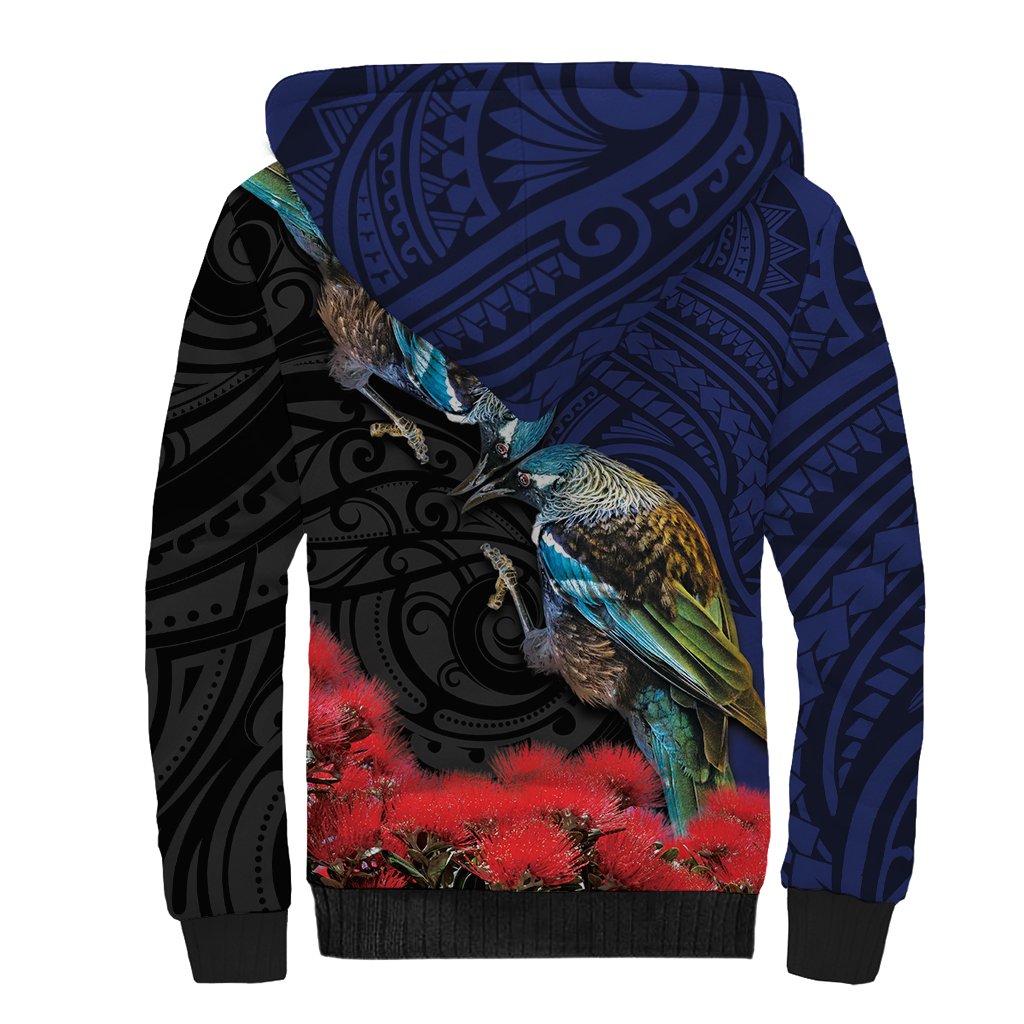 New Zealand Maori Hongi Culture Sherpa Hoodie Tui Bird Pohutukawa and Polynesian Pattern LT03 - Polynesian Pride