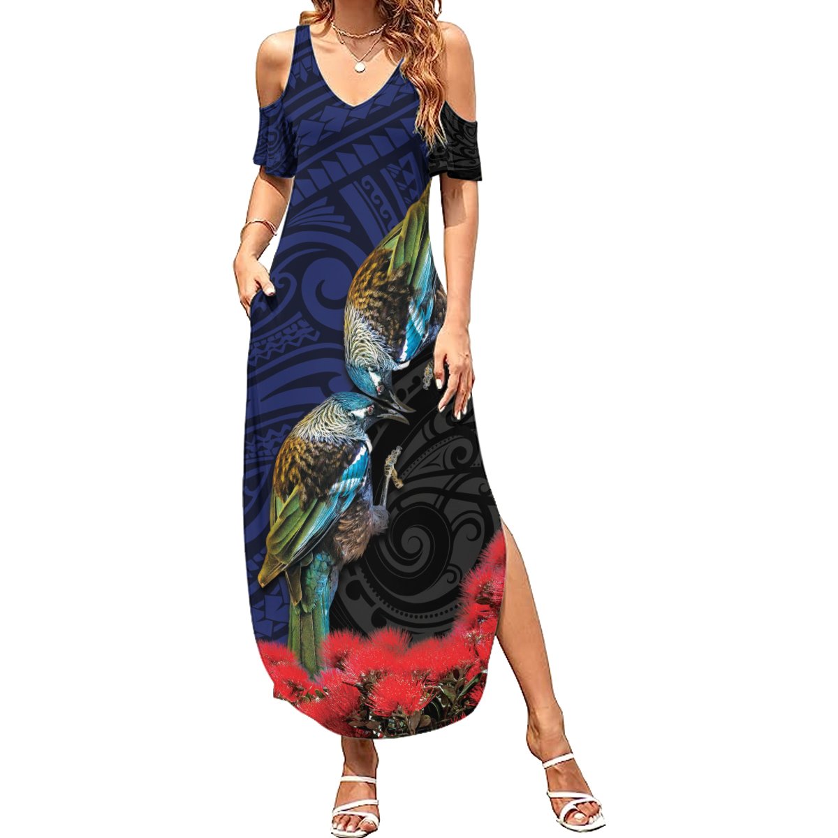 New Zealand Maori Hongi Culture Summer Maxi Dress Tui Bird Pohutukawa and Polynesian Pattern LT03 Women Blue - Polynesian Pride
