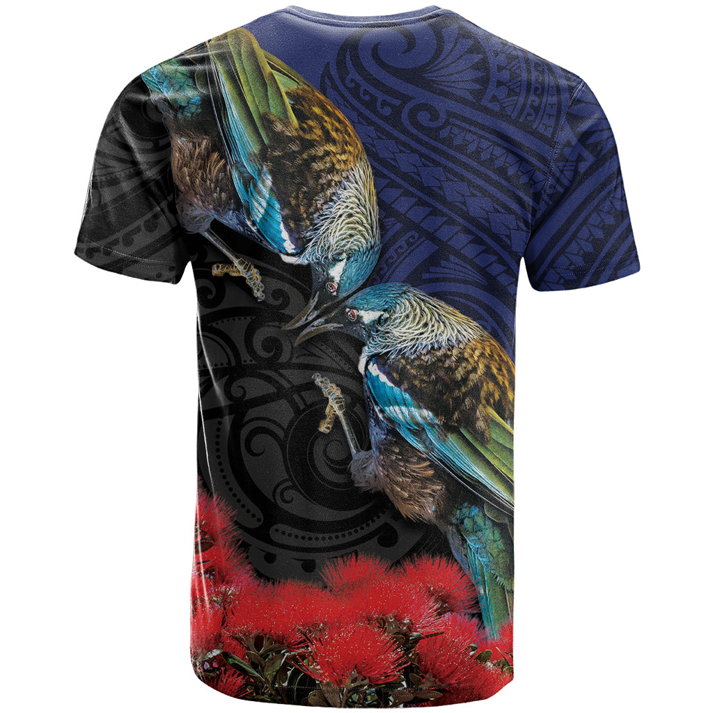 New Zealand Maori Hongi Culture T Shirt Tui Bird Pohutukawa and Polynesian Pattern