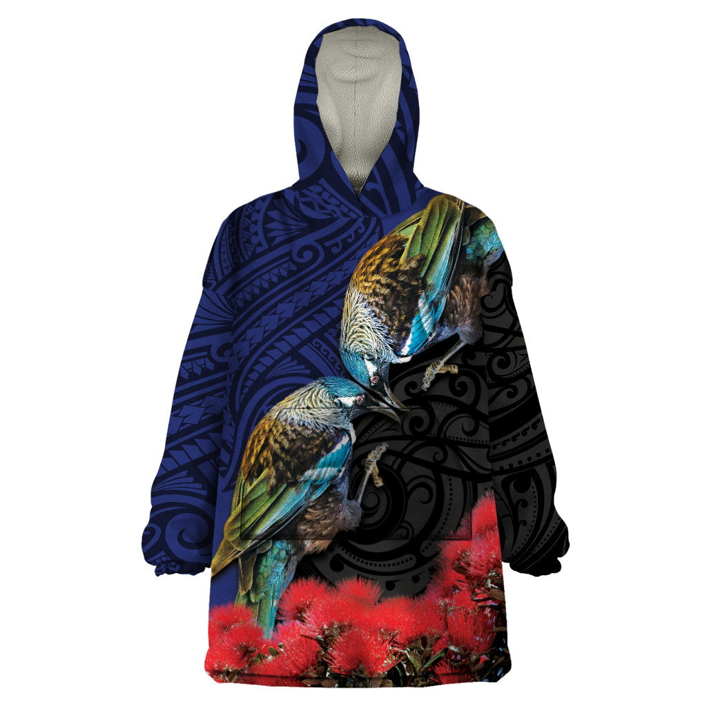 New Zealand Maori Hongi Culture Wearable Blanket Hoodie Tui Bird Pohutukawa and Polynesian Pattern LT03 One Size Blue - Polynesian Pride