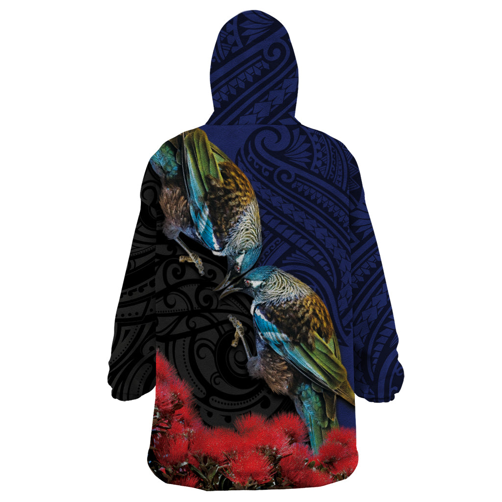 New Zealand Maori Hongi Culture Wearable Blanket Hoodie Tui Bird Pohutukawa and Polynesian Pattern LT03 - Polynesian Pride