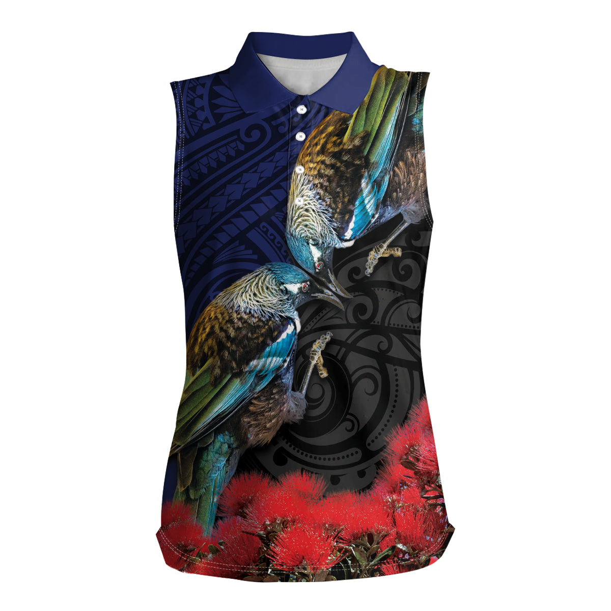 New Zealand Maori Hongi Culture Women Sleeveless Polo Shirt Tui Bird Pohutukawa and Polynesian Pattern