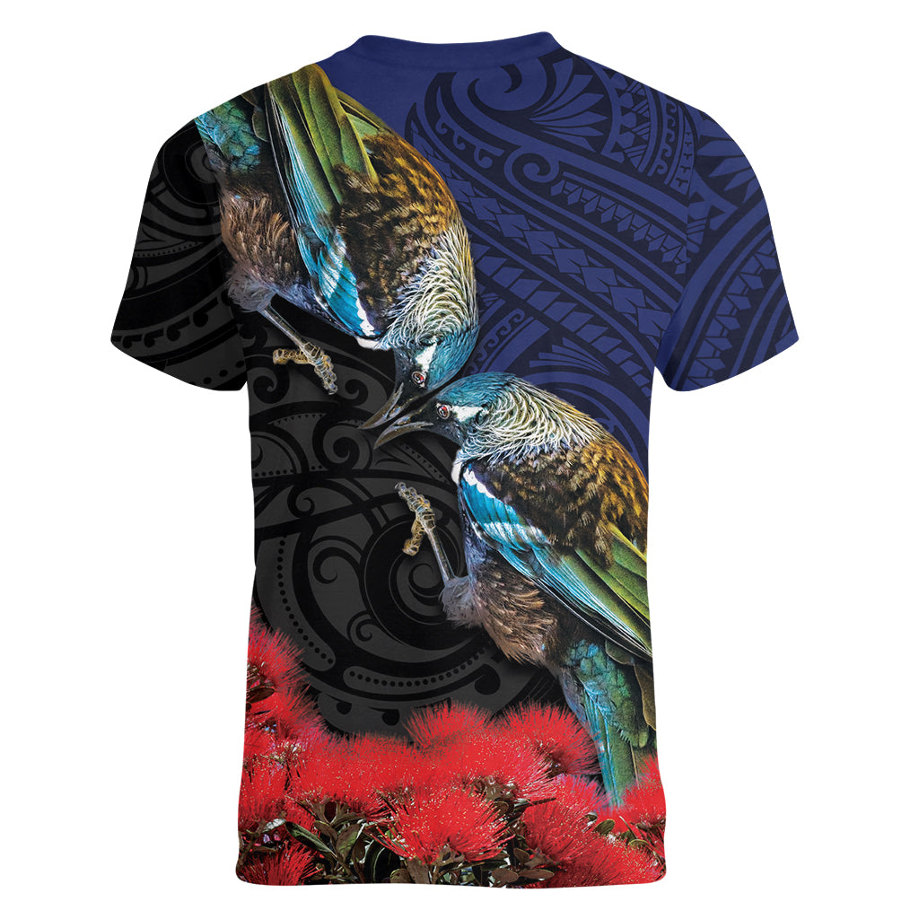 New Zealand Maori Hongi Culture Women V-Neck T-Shirt Tui Bird Pohutukawa and Polynesian Pattern