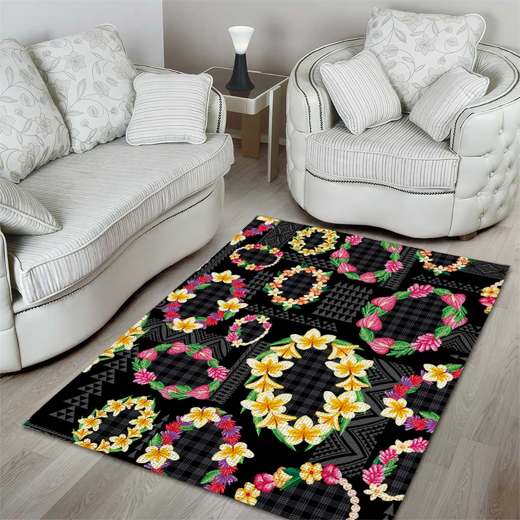 Hawaiian Kakau Tattoo Leis and Palaka Pattern Area Rug Traditional Aloha Tribal Black Color