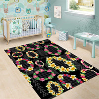 Hawaiian Kakau Tattoo Leis and Palaka Pattern Area Rug Traditional Aloha Tribal Black Color