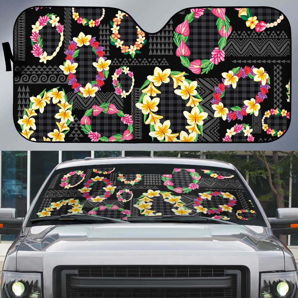 Hawaiian Kakau Tattoo Leis and Palaka Pattern Auto Sun Shade Traditional Aloha Tribal Black Color