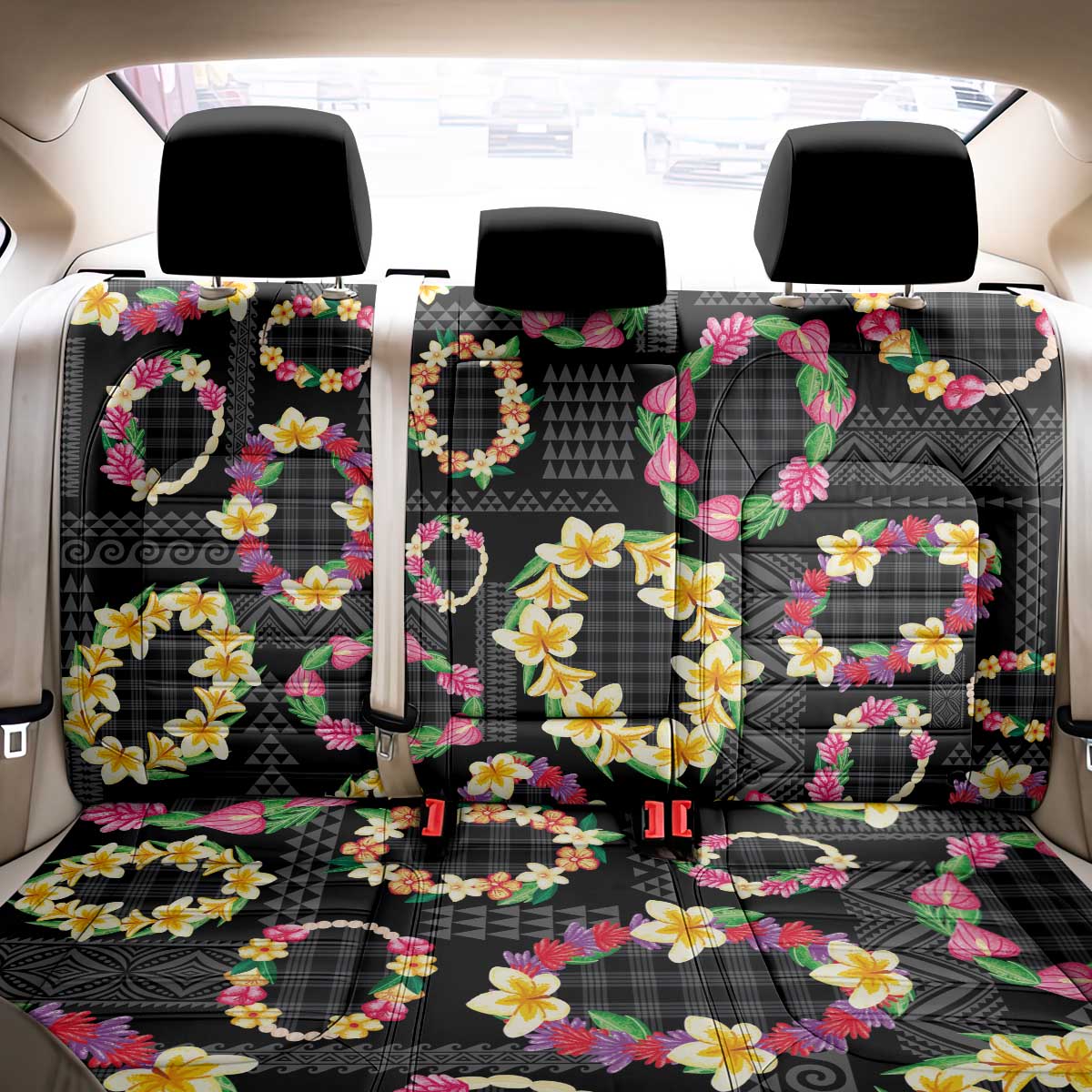 Hawaiian Kakau Tattoo Leis and Palaka Pattern Back Car Seat Cover Traditional Aloha Tribal Black Color