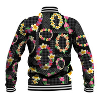 Hawaiian Kakau Tattoo Leis and Palaka Pattern Baseball Jacket Traditional Aloha Tribal Black Color