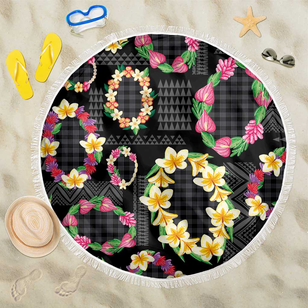 Hawaiian Kakau Tattoo Leis and Palaka Pattern Beach Blanket Traditional Aloha Tribal Black Color