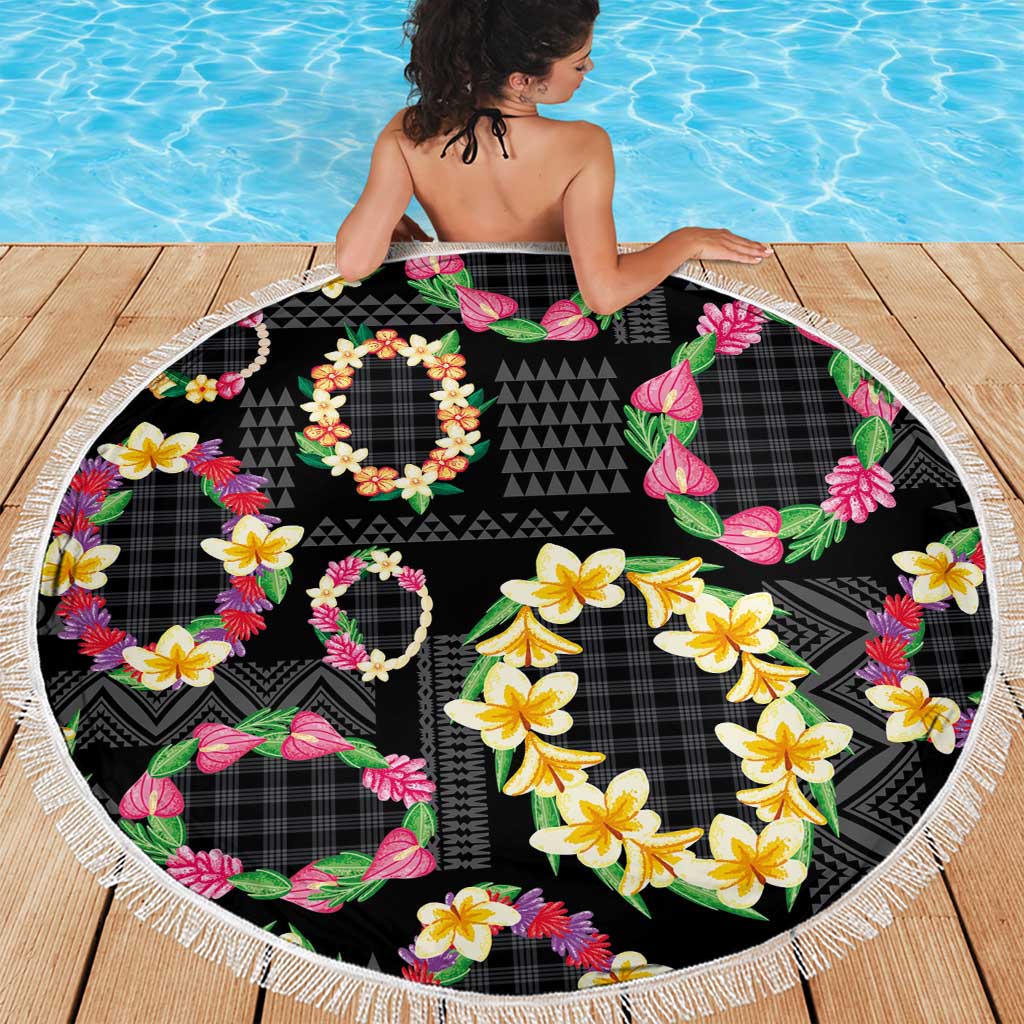 Hawaiian Kakau Tattoo Leis and Palaka Pattern Beach Blanket Traditional Aloha Tribal Black Color