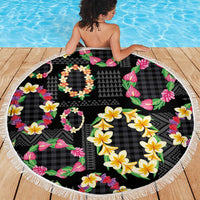 Hawaiian Kakau Tattoo Leis and Palaka Pattern Beach Blanket Traditional Aloha Tribal Black Color
