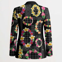Hawaiian Kakau Tattoo Leis and Palaka Pattern Blazer Traditional Aloha Tribal Black Color