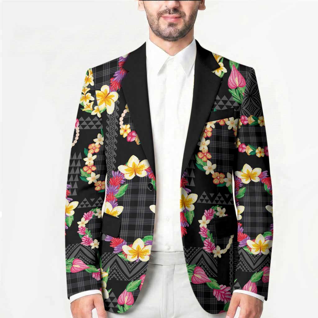 Hawaiian Kakau Tattoo Leis and Palaka Pattern Blazer Traditional Aloha Tribal Black Color