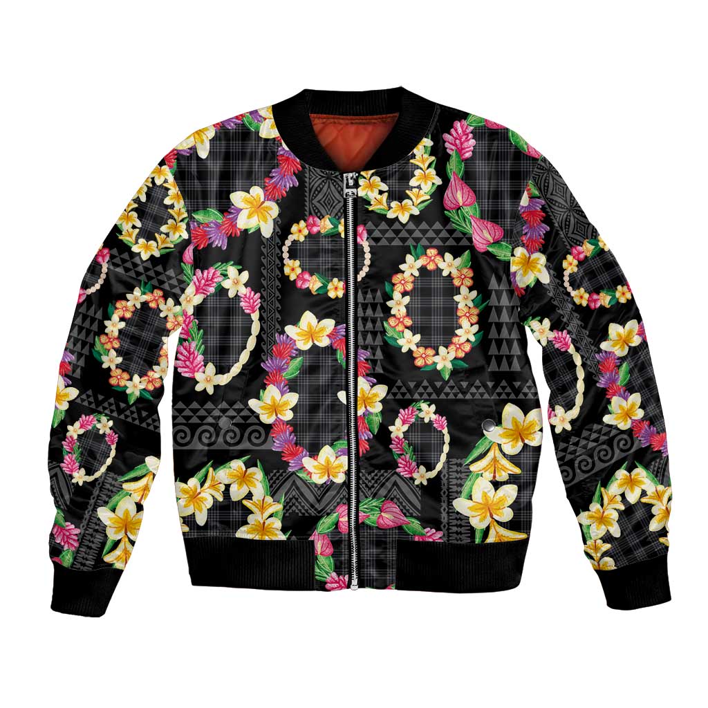 Hawaiian Kakau Tattoo Leis and Palaka Pattern Bomber Jacket Traditional Aloha Tribal Black Color