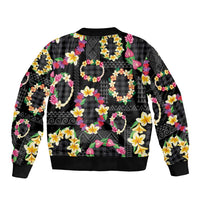 Hawaiian Kakau Tattoo Leis and Palaka Pattern Bomber Jacket Traditional Aloha Tribal Black Color