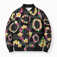 Hawaiian Kakau Tattoo Leis and Palaka Pattern Bomber Puffer Jacket Traditional Aloha Tribal Black Color