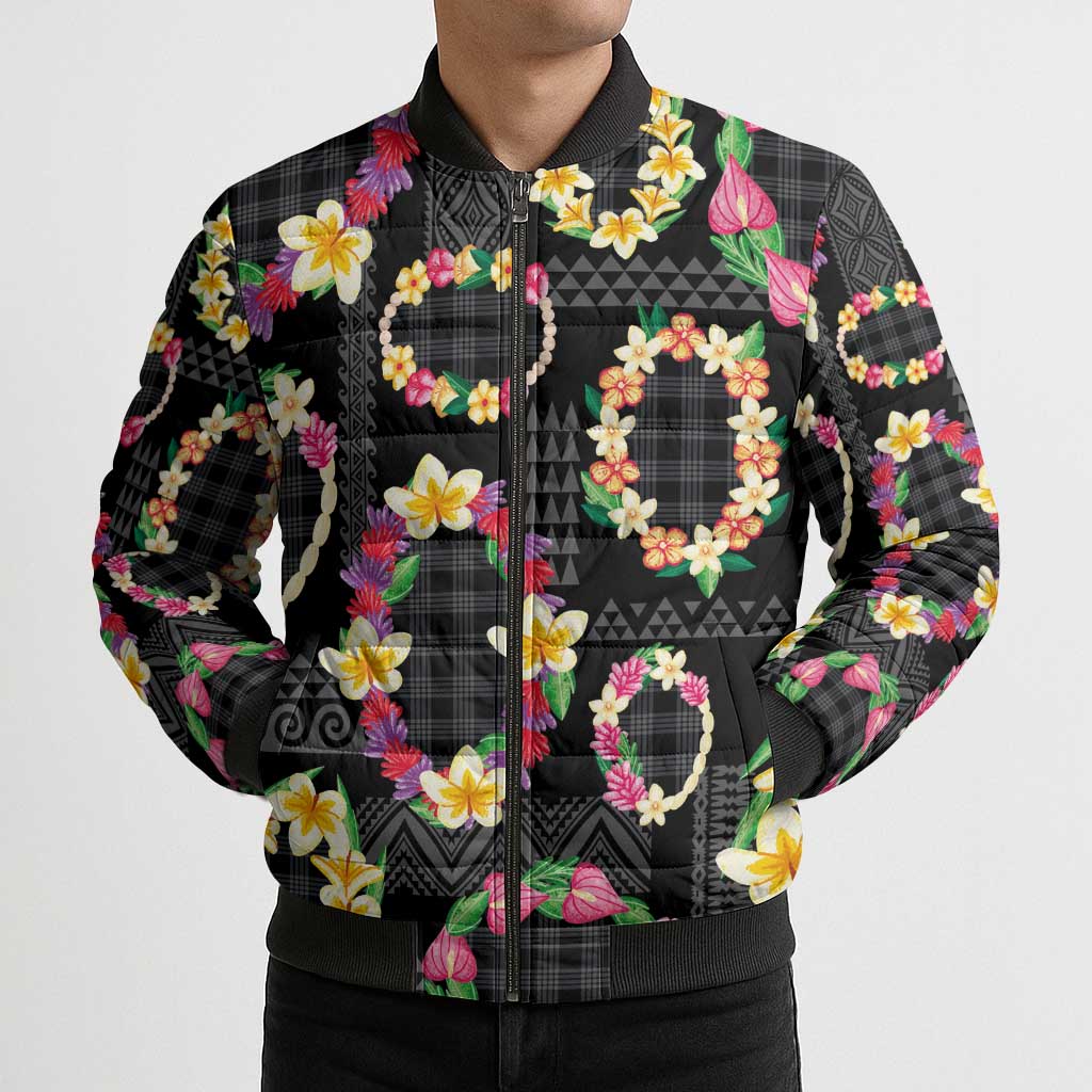 Hawaiian Kakau Tattoo Leis and Palaka Pattern Bomber Puffer Jacket Traditional Aloha Tribal Black Color