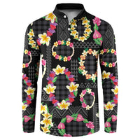 Hawaiian Kakau Tattoo Leis and Palaka Pattern Button Sweatshirt Traditional Aloha Tribal Black Color
