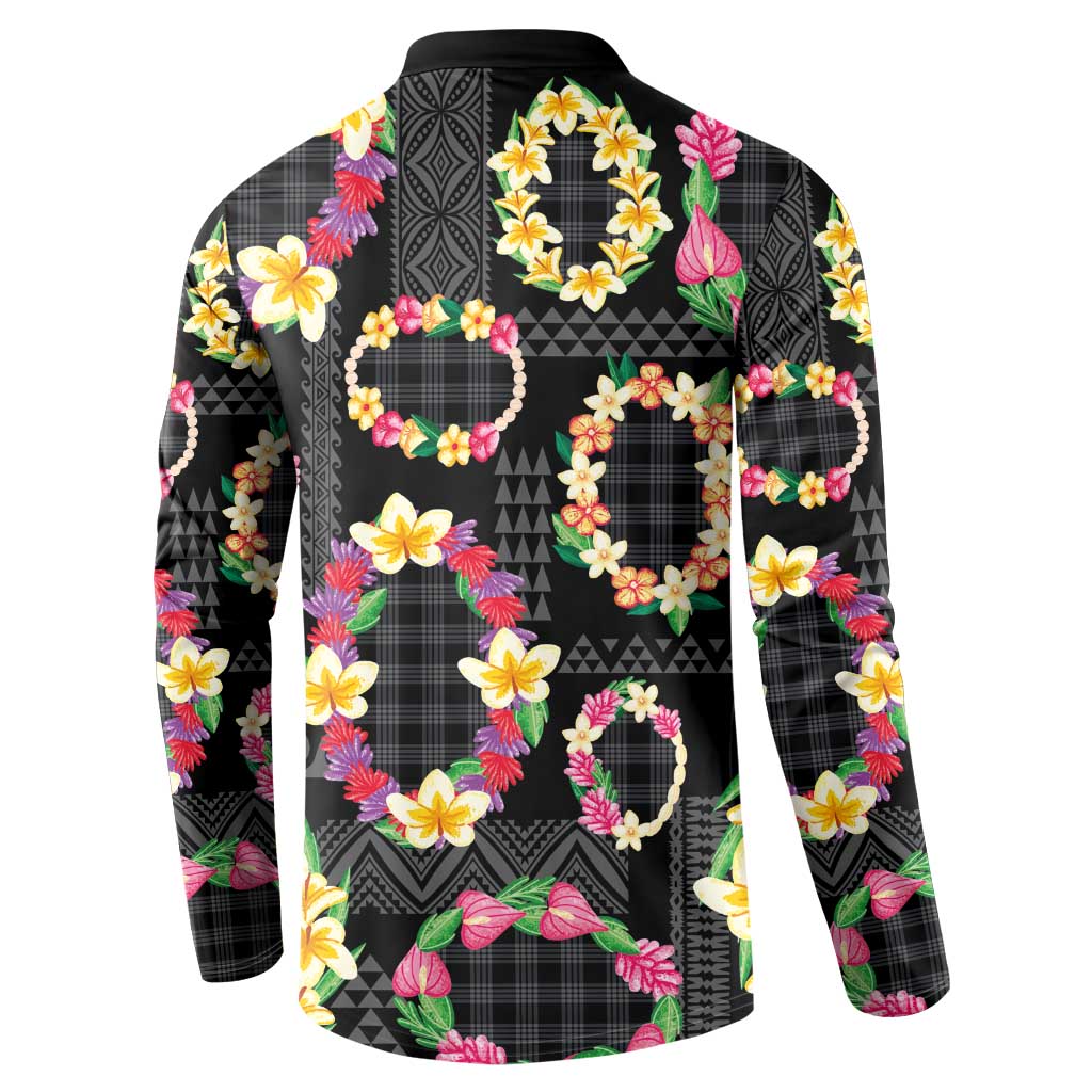 Hawaiian Kakau Tattoo Leis and Palaka Pattern Button Sweatshirt Traditional Aloha Tribal Black Color