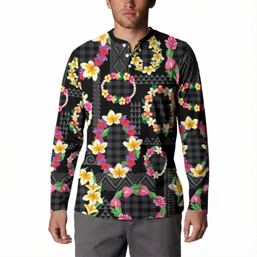 Hawaiian Kakau Tattoo Leis and Palaka Pattern Button Sweatshirt Traditional Aloha Tribal Black Color