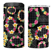 Hawaiian Kakau Tattoo Leis and Palaka Pattern 4 in 1 Can Cooler Tumbler Traditional Aloha Tribal Black Color