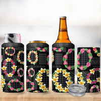 Hawaiian Kakau Tattoo Leis and Palaka Pattern 4 in 1 Can Cooler Tumbler Traditional Aloha Tribal Black Color