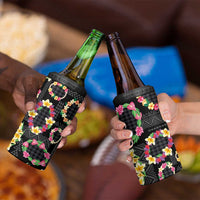 Hawaiian Kakau Tattoo Leis and Palaka Pattern 4 in 1 Can Cooler Tumbler Traditional Aloha Tribal Black Color