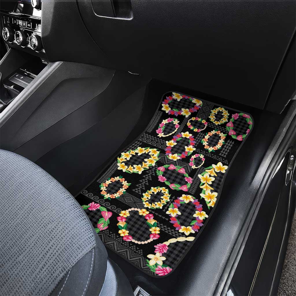 Hawaiian Kakau Tattoo Leis and Palaka Pattern Car Mats Traditional Aloha Tribal Black Color