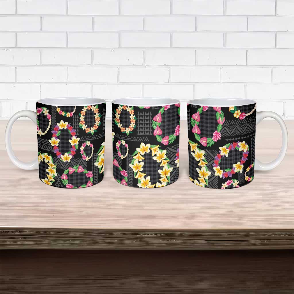 Hawaiian Kakau Tattoo Leis and Palaka Pattern Ceramic Mug Traditional Aloha Tribal Black Color