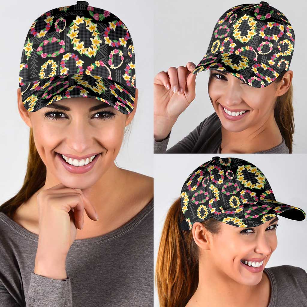 Hawaiian Kakau Tattoo Leis and Palaka Pattern Classic Cap Traditional Aloha Tribal Black Color