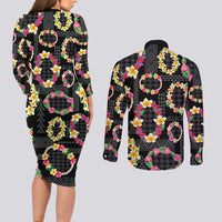 Hawaiian Kakau Tattoo Leis and Palaka Pattern Couples Matching Long Sleeve Bodycon Dress and Long Sleeve Button Shirt Traditional Aloha Tribal Black Color LT03 - Polynesian Pride