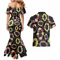 Hawaiian Kakau Tattoo Leis and Palaka Pattern Couples Matching Mermaid Dress and Hawaiian Shirt Traditional Aloha Tribal Black Color LT03 - Polynesian Pride