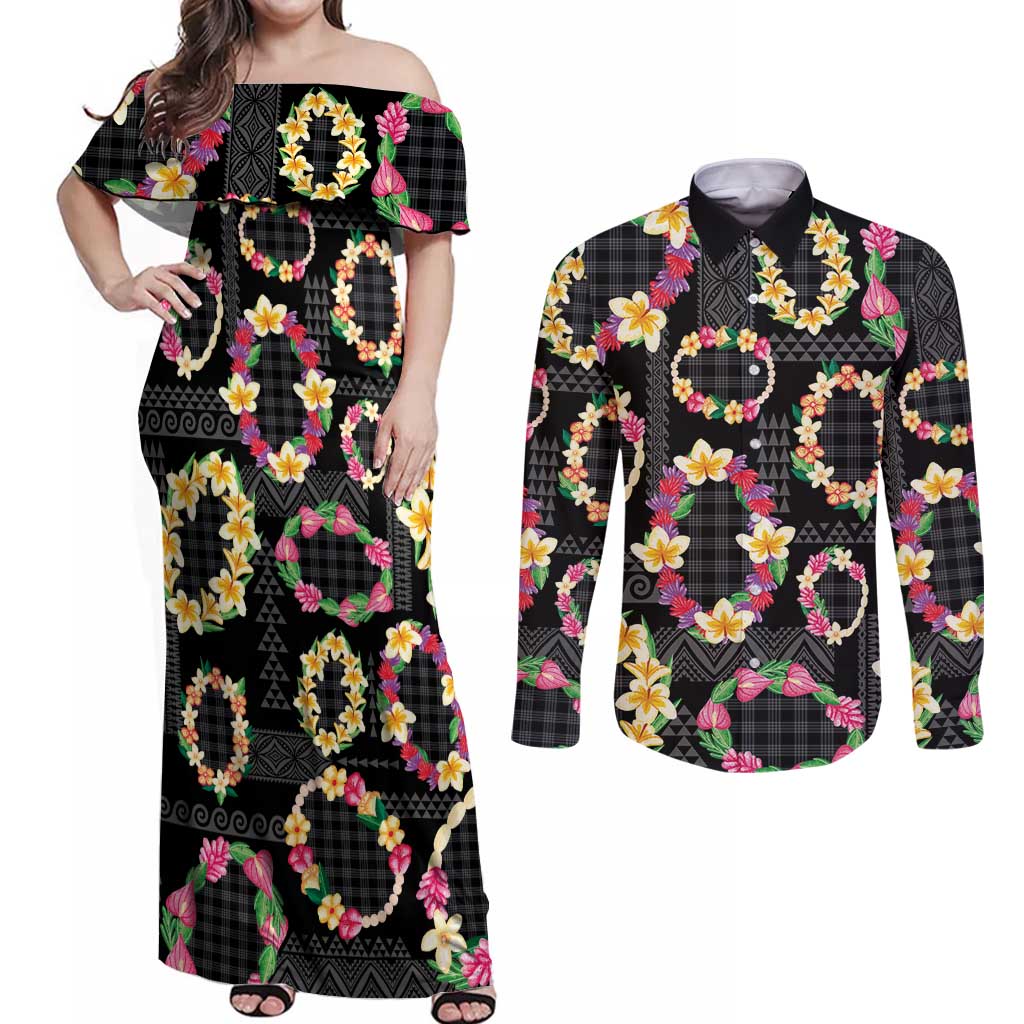Hawaiian Kakau Tattoo Leis and Palaka Pattern Couples Matching Off Shoulder Maxi Dress and Long Sleeve Button Shirt Traditional Aloha Tribal Black Color LT03 Black - Polynesian Pride