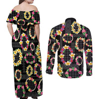 Hawaiian Kakau Tattoo Leis and Palaka Pattern Couples Matching Off Shoulder Maxi Dress and Long Sleeve Button Shirt Traditional Aloha Tribal Black Color LT03 - Polynesian Pride