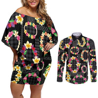 Hawaiian Kakau Tattoo Leis and Palaka Pattern Couples Matching Off Shoulder Short Dress and Long Sleeve Button Shirt Traditional Aloha Tribal Black Color LT03 Black - Polynesian Pride