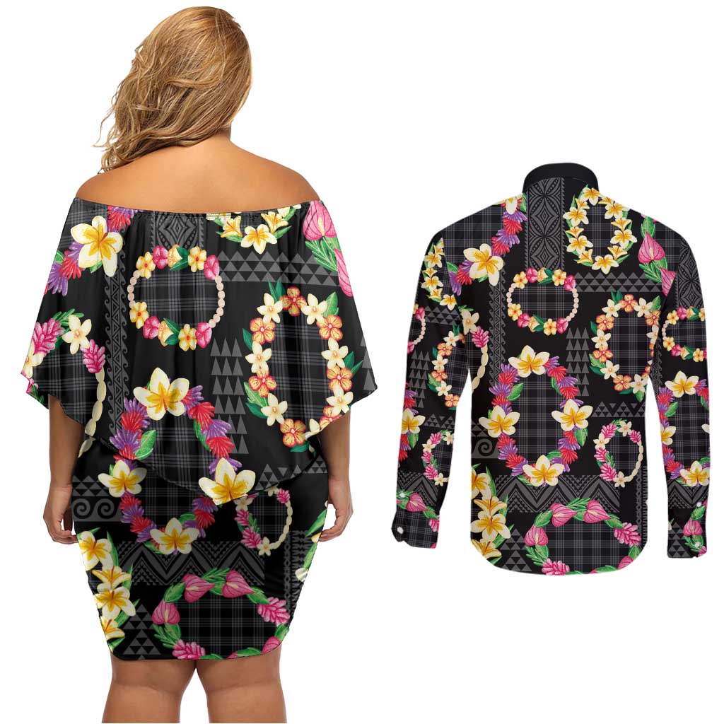 Hawaiian Kakau Tattoo Leis and Palaka Pattern Couples Matching Off Shoulder Short Dress and Long Sleeve Button Shirt Traditional Aloha Tribal Black Color LT03 - Polynesian Pride