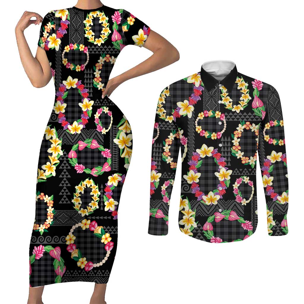 Hawaiian Kakau Tattoo Leis and Palaka Pattern Couples Matching Short Sleeve Bodycon Dress and Long Sleeve Button Shirt Traditional Aloha Tribal Black Color