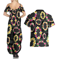 Hawaiian Kakau Tattoo Leis and Palaka Pattern Couples Matching Summer Maxi Dress and Hawaiian Shirt Traditional Aloha Tribal Black Color LT03 - Polynesian Pride