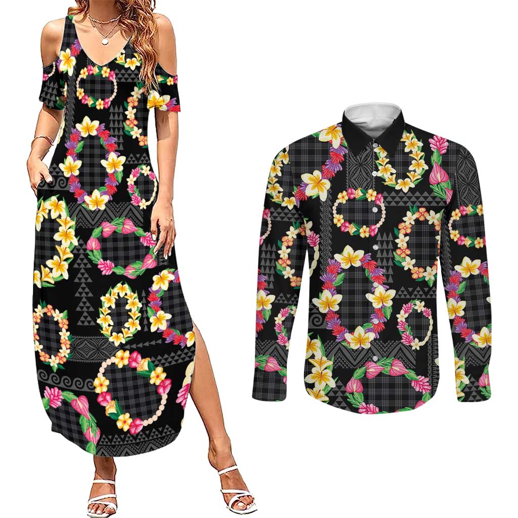 Hawaiian Kakau Tattoo Leis and Palaka Pattern Couples Matching Summer Maxi Dress and Long Sleeve Button Shirt Traditional Aloha Tribal Black Color LT03 Black - Polynesian Pride