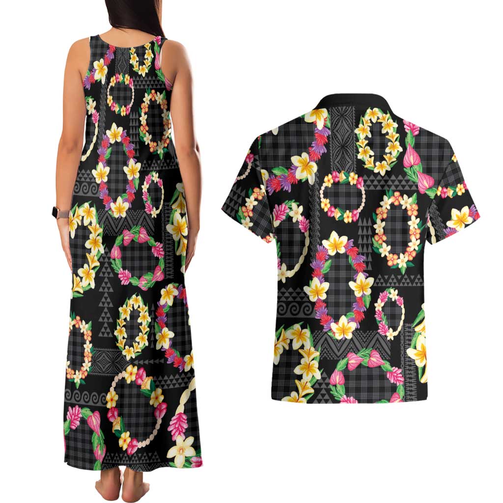 Hawaiian Kakau Tattoo Leis and Palaka Pattern Couples Matching Tank Maxi Dress and Hawaiian Shirt Traditional Aloha Tribal Black Color LT03 - Polynesian Pride