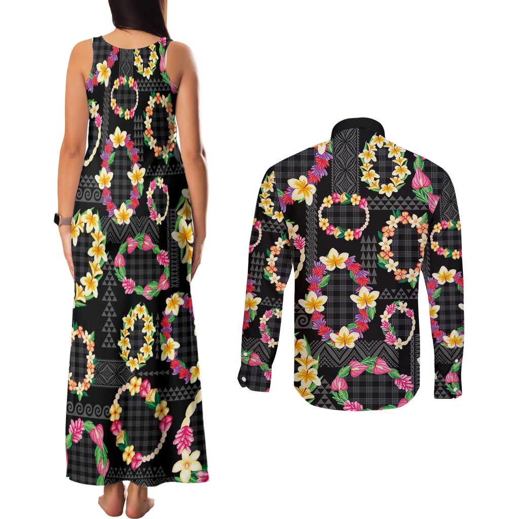 Hawaiian Kakau Tattoo Leis and Palaka Pattern Couples Matching Tank Maxi Dress and Long Sleeve Button Shirt Traditional Aloha Tribal Black Color LT03 - Polynesian Pride