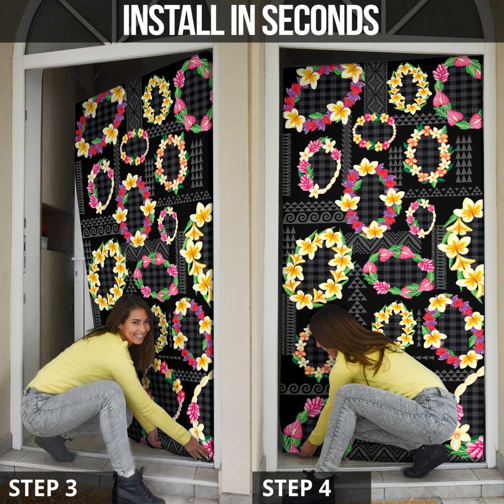 Hawaiian Kakau Tattoo Leis and Palaka Pattern Door Cover Traditional Aloha Tribal Black Color