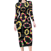 Hawaiian Kakau Tattoo Leis and Palaka Pattern Family Matching Long Sleeve Bodycon Dress and Hawaiian Shirt Traditional Aloha Tribal Black Color LT03 Mom's Dress Black - Polynesian Pride
