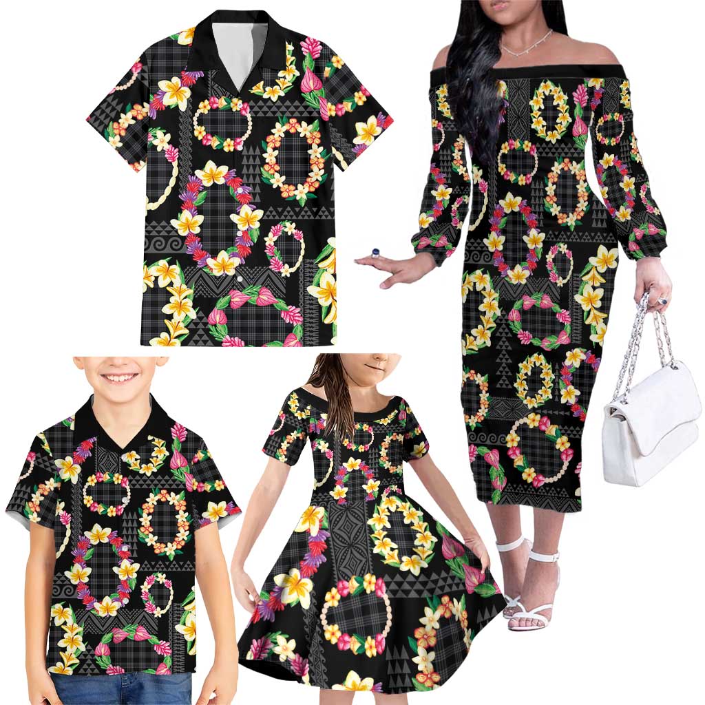 Hawaiian Kakau Tattoo Leis and Palaka Pattern Family Matching Off The Shoulder Long Sleeve Dress and Hawaiian Shirt Traditional Aloha Tribal Black Color LT03 - Polynesian Pride