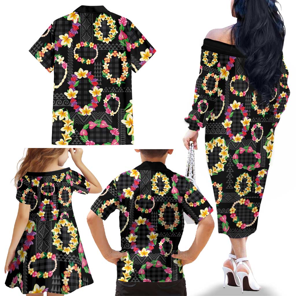 Hawaiian Kakau Tattoo Leis and Palaka Pattern Family Matching Off The Shoulder Long Sleeve Dress and Hawaiian Shirt Traditional Aloha Tribal Black Color LT03 - Polynesian Pride