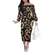 Hawaiian Kakau Tattoo Leis and Palaka Pattern Family Matching Off The Shoulder Long Sleeve Dress and Hawaiian Shirt Traditional Aloha Tribal Black Color LT03 Mom's Dress Black - Polynesian Pride