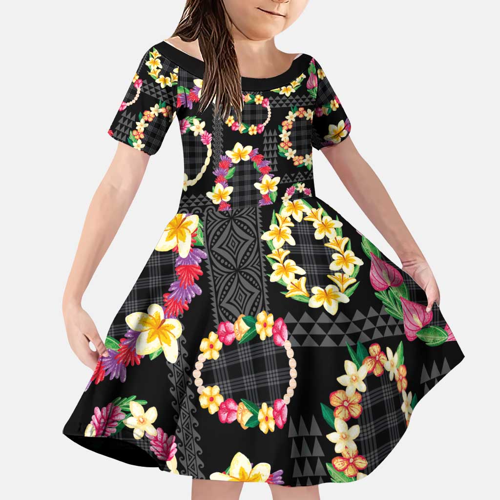 Hawaiian Kakau Tattoo Leis and Palaka Pattern Family Matching Off Shoulder Maxi Dress and Hawaiian Shirt Traditional Aloha Tribal Black Color LT03 Daughter's Dress Black - Polynesian Pride